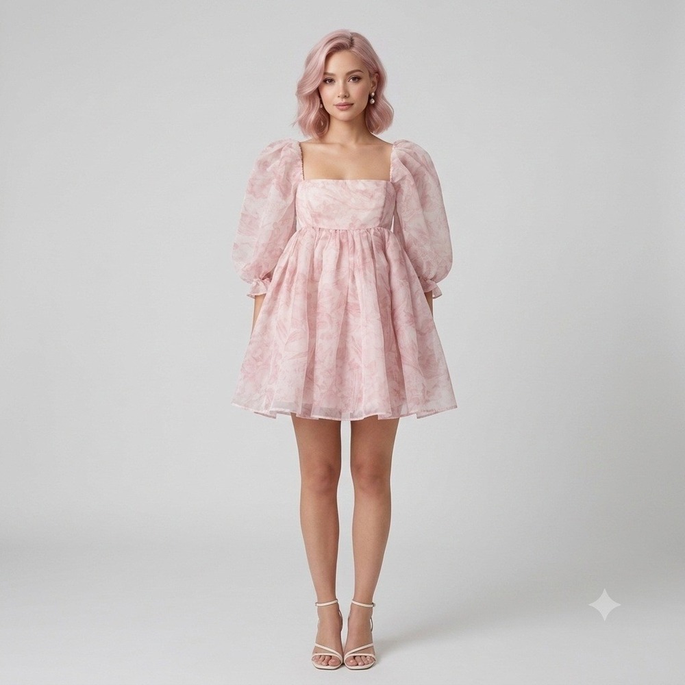 Selkie Puff Organza Mini Dress Pink Floral Babydoll Size Small
